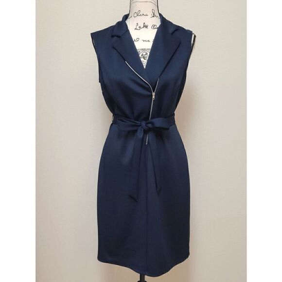 💙 EN FOCUS STUDIO Sleeveless Belted Moto Sheath Navy Blue Dress SIZE 8 - Picture 2 of 10